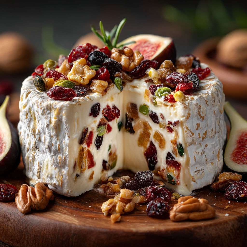 Une plaque de fromage avec des fruits et des noix.