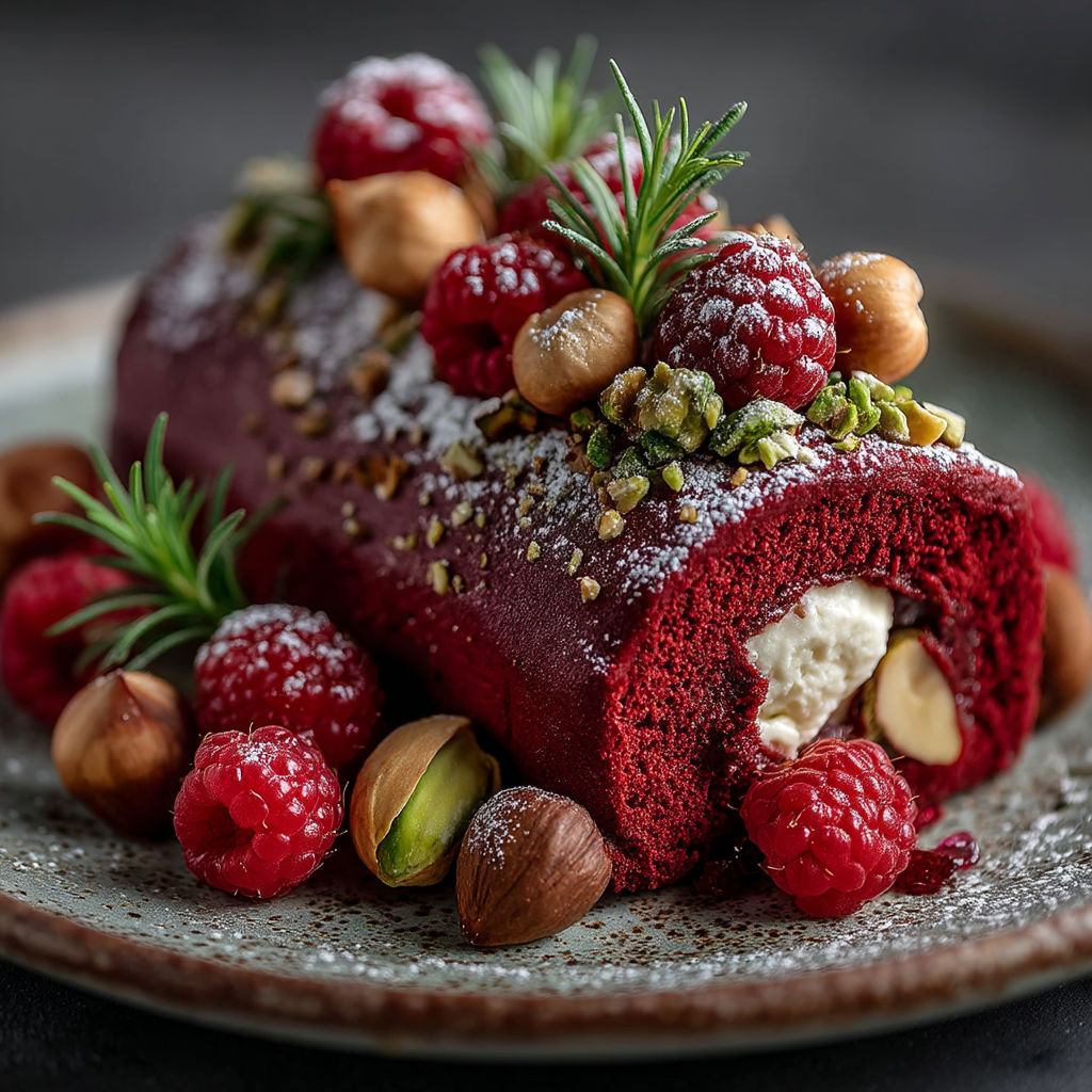 Une bûche framboise garnie de fruits secs.