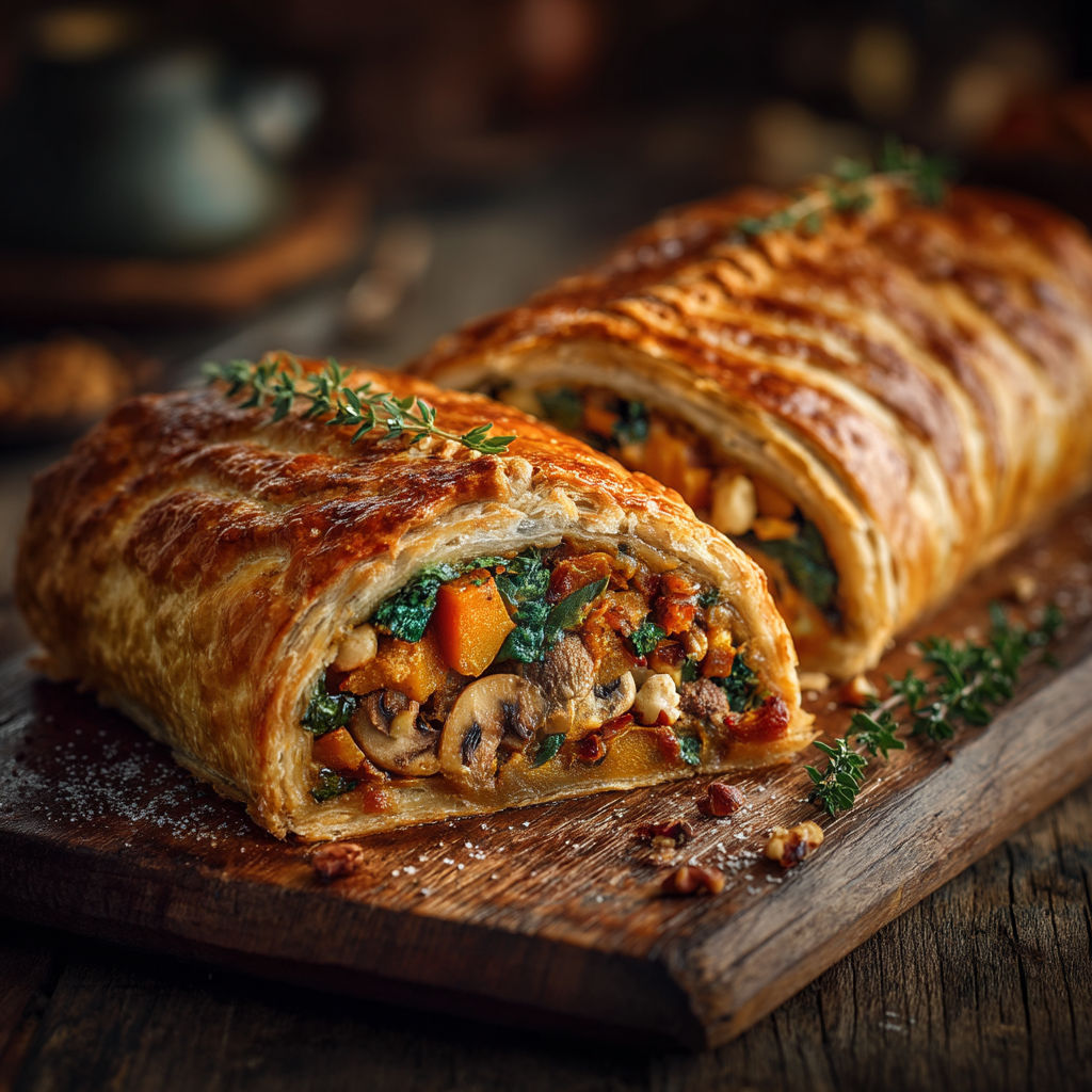 Une longue baguette de pain avec des légumes et des herbes sur un plateau.