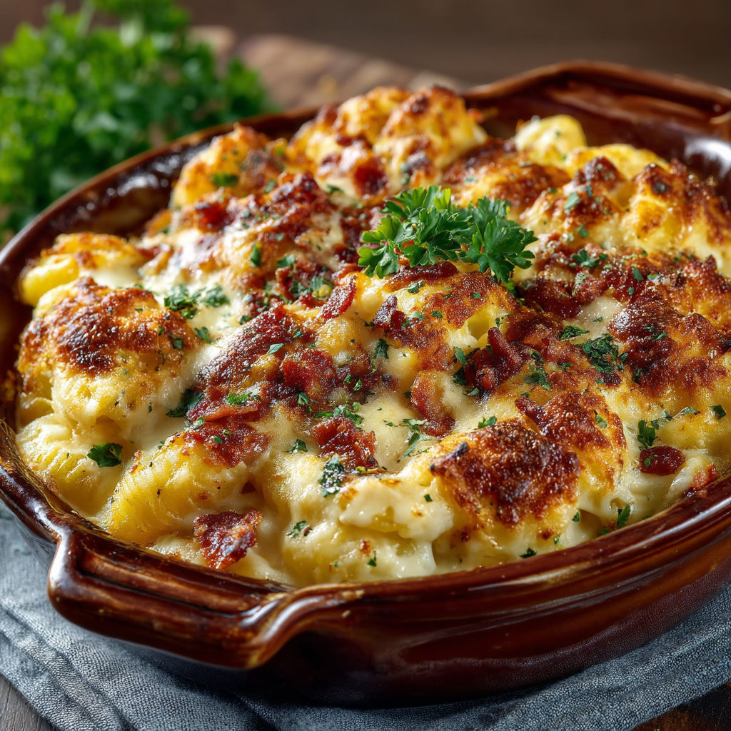 Une casserole de macaroni et bacon dans un bol.
