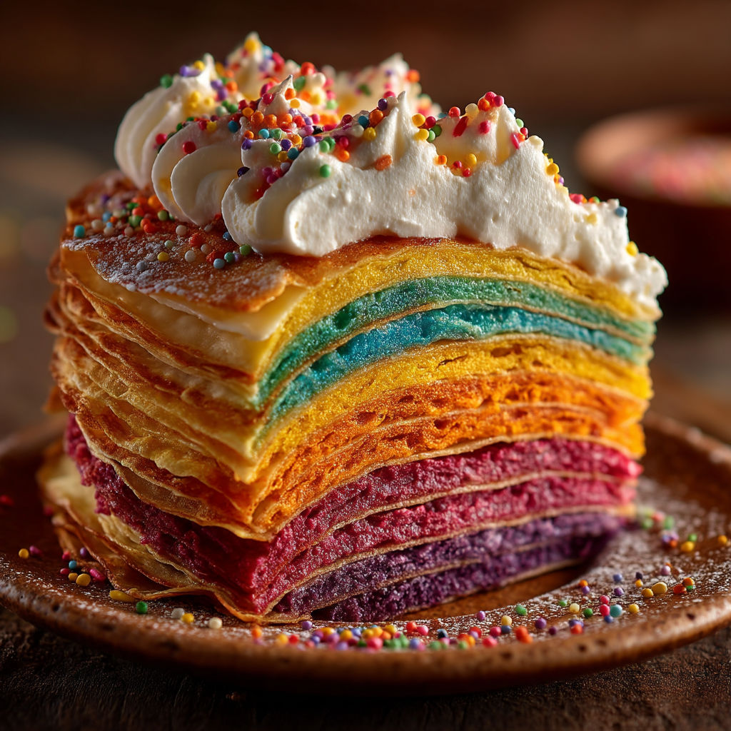 Un gâteau de crêpes multicolore avec des crêpes colorées et des crêpes multicolores.