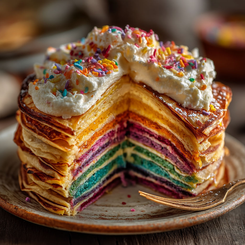 Une tarte aux fruits colorés avec des crêpes multicolores.