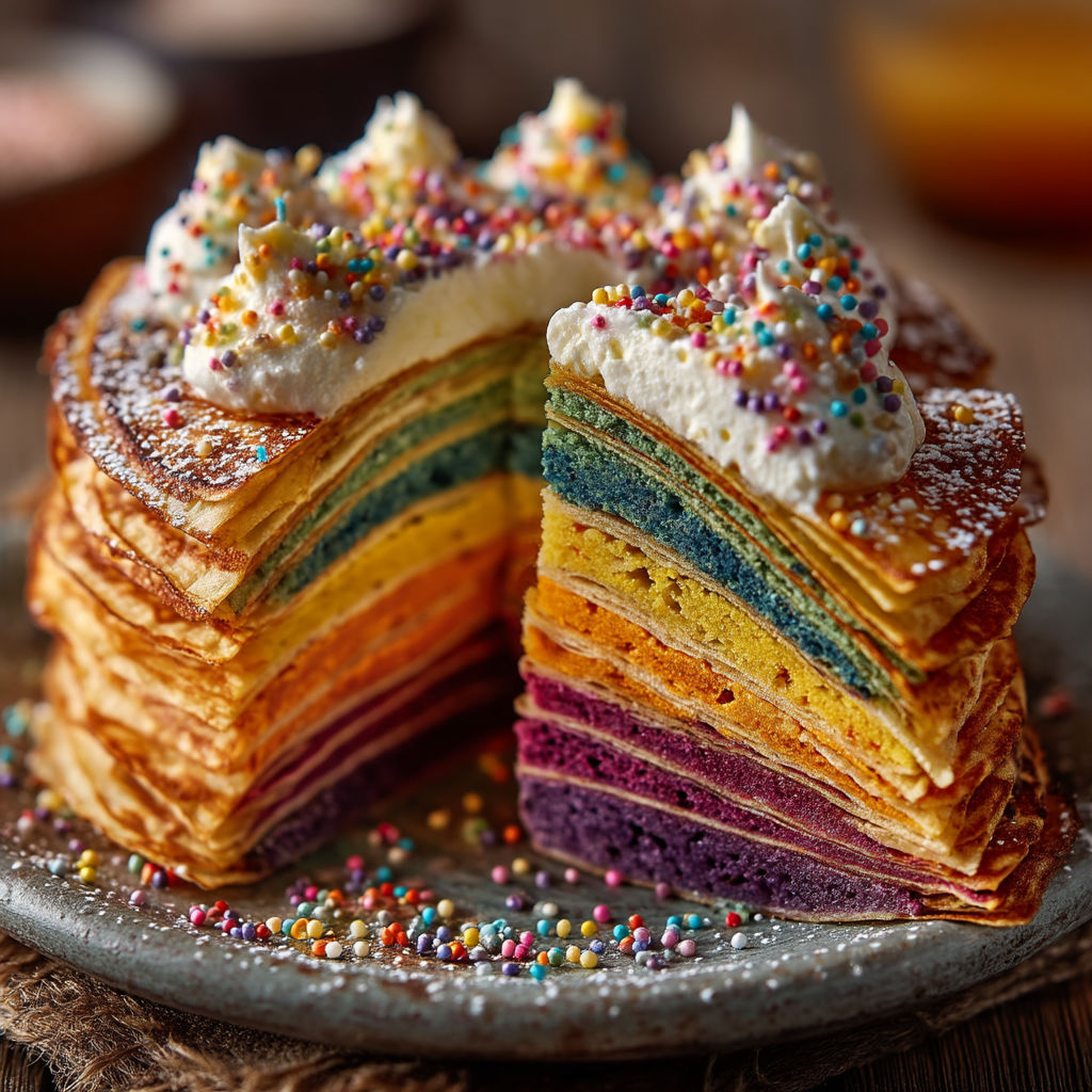 Une galette colorée avec des crêpes multicolores.