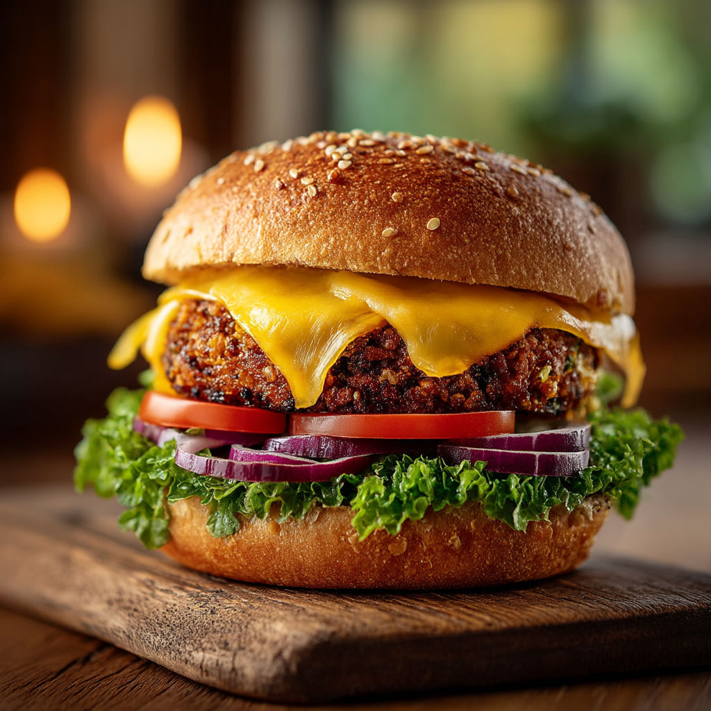 Un burger avec du fromage et des tomates.