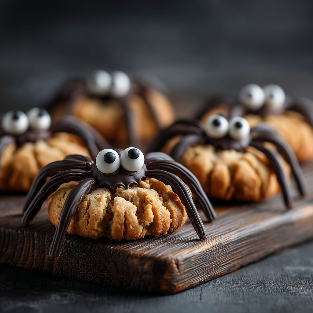Des cookies au beurre de cacahuètes avec des yeux et des pattes de araignées.
