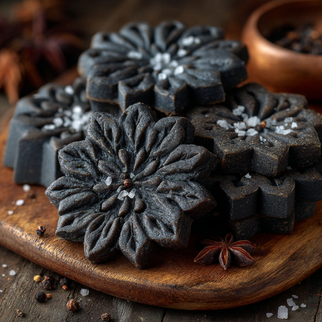 Un dessert en forme de fleur noire avec du sel sur une plaque.