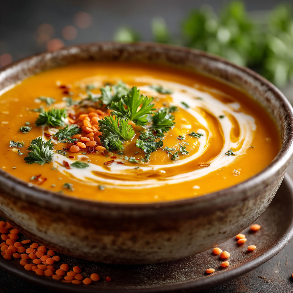 Une soupe chaude avec des herbes et des graines.
