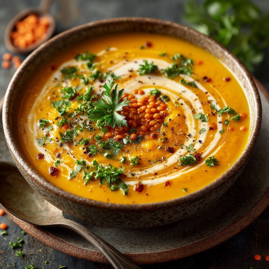 Une soupe chaude avec des herbes et des graines.