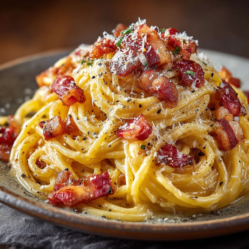 Spaghetti alla carbonara avec des bacon et des herbes.