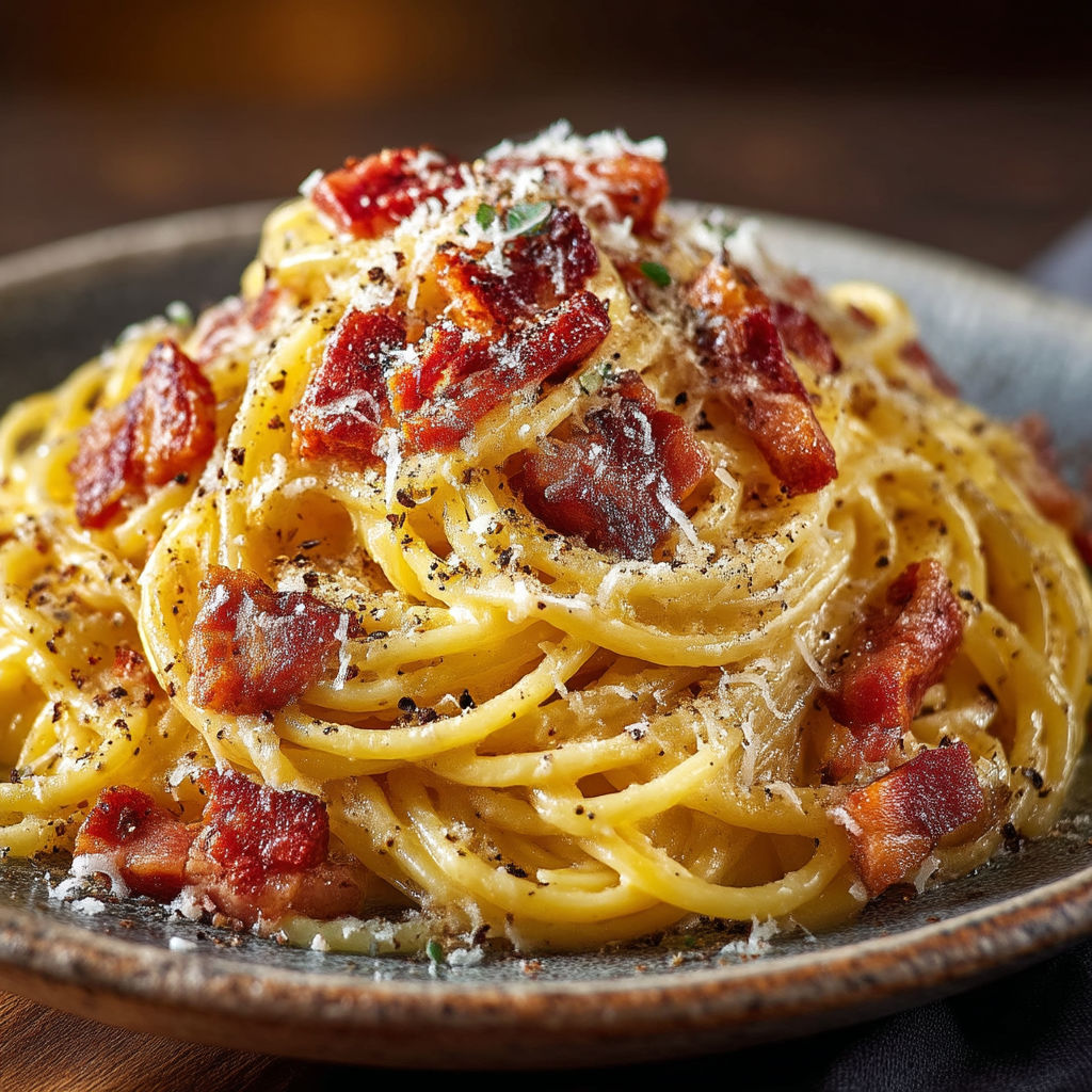 Une pile de spaghetti avec des bacon et des herbes.