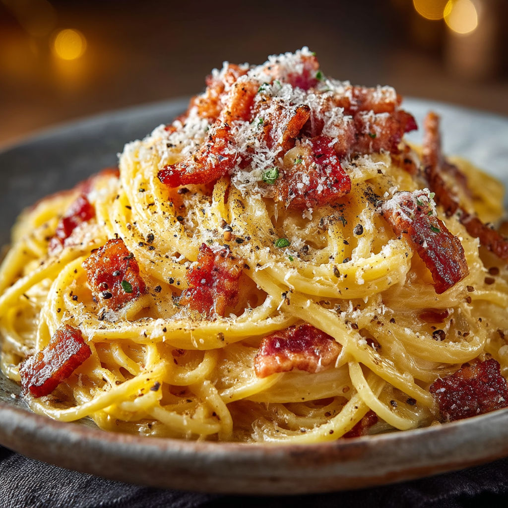 Une pile de spaghetti avec des bacon et des herbes.