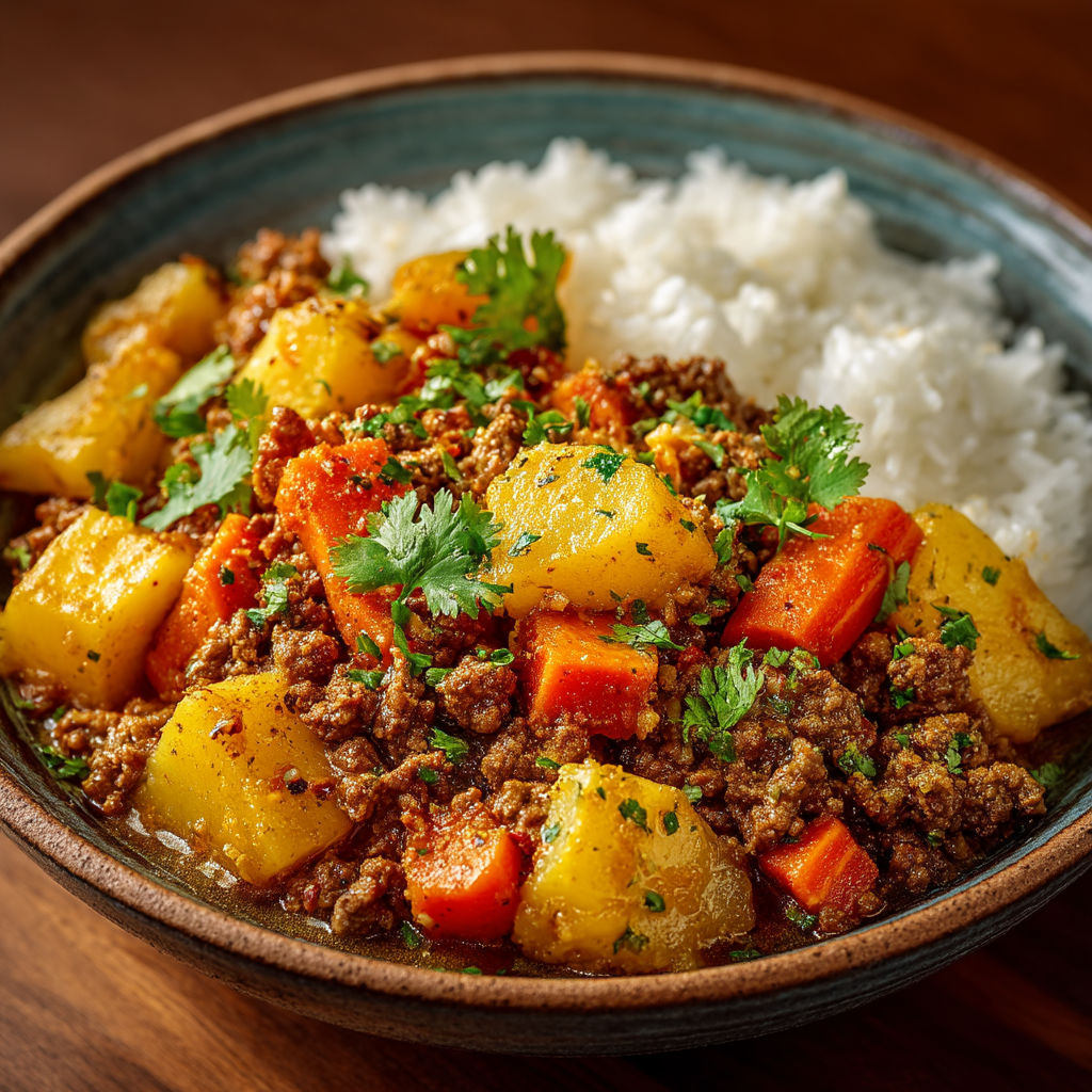 Un plat de curry de boeuf haché avec des légumes.