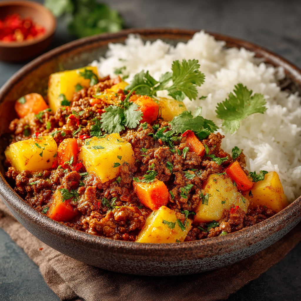 Un plat de riz et de viande avec des légumes verts.