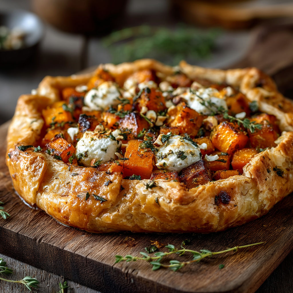 Une tarte rustique à la courge et chèvre sur une table.