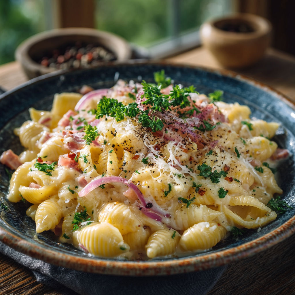 Une assiette de macaroni avec des herbes et des légumes.