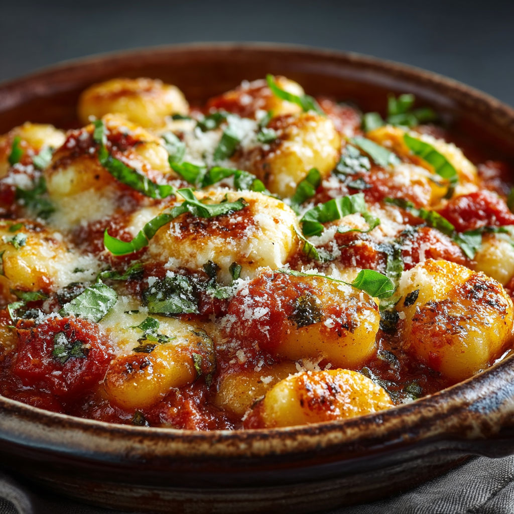 Une casserole de ravioli avec des herbes et des tomates.