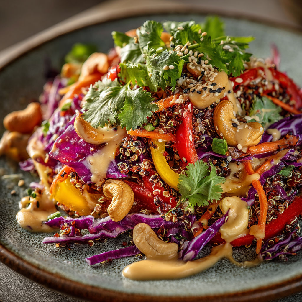 Une salade de légumes et graines, avec des carottes, des poivrons, des cumin et des noix de cajou.