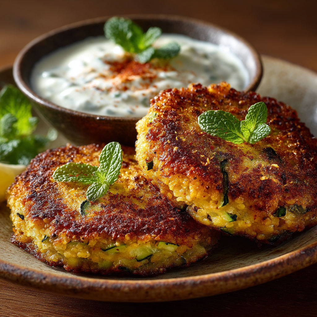 Une assiette contenant des cakes de légumes et une sauce.