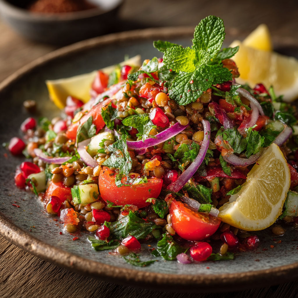 Une salade de tomates, de concombre et de cilantro, avec des citrons et des herbes.