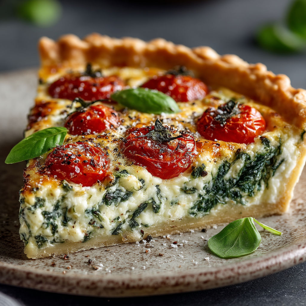 Une quiche aux épinards et ricotta sur un plateau.