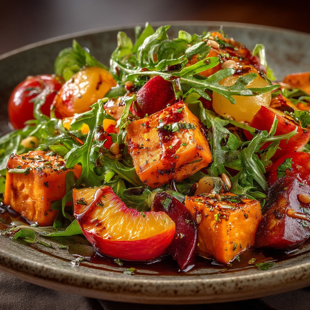 Une salade de fruits et légumes, avec des tomates, des carottes et des épinards.