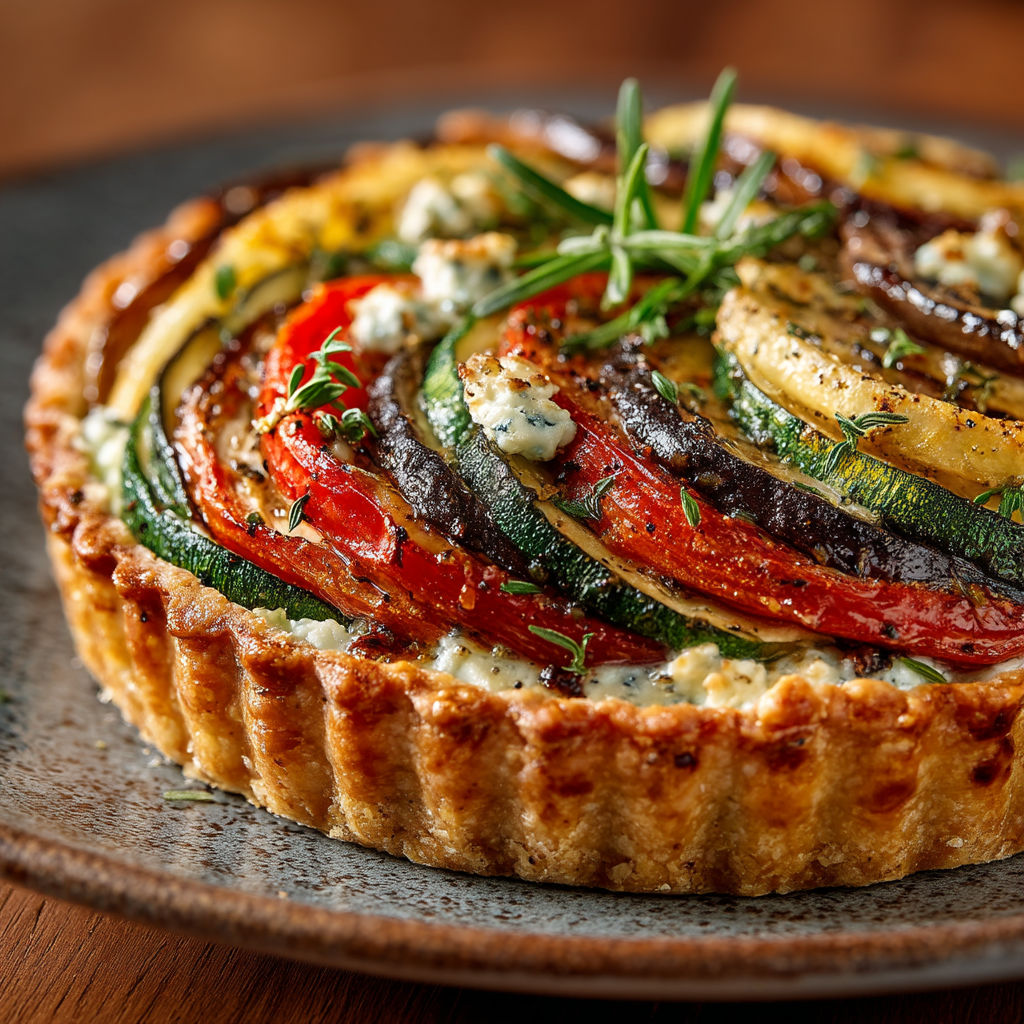 Une tarte aux légumes colorées et une sauce bleue.