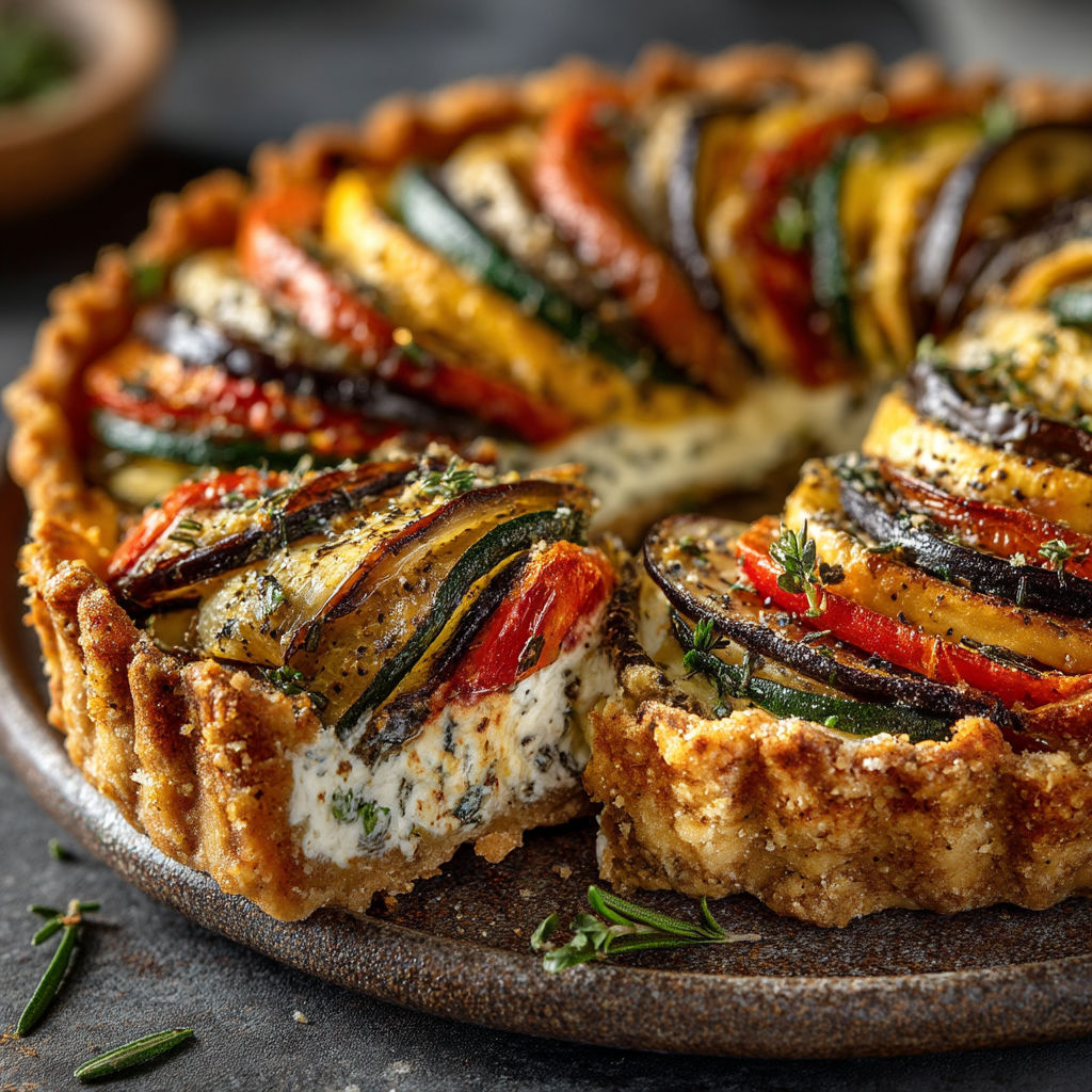 Une tarte aux légumes colorés, avec des légumes tels que des aubergines, des poivrons et des courgettes.