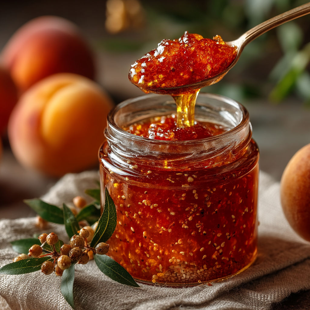 Une jarre de confiture de pêches au poivre de Sichuan.