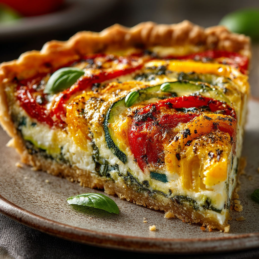 Une quiche aux tomates et courgettes sur un plateau.