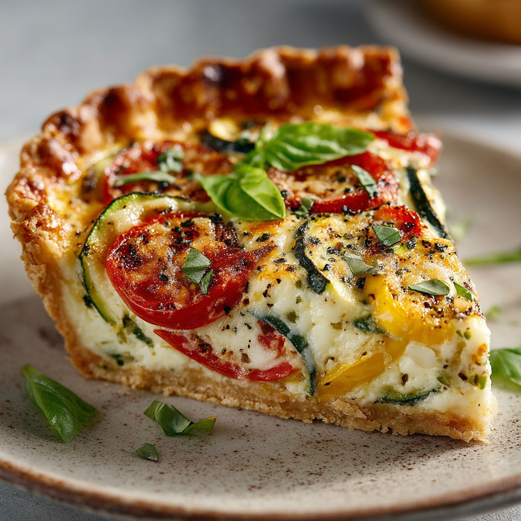 Une quiche aux tomates et courgettes sur un plateau.