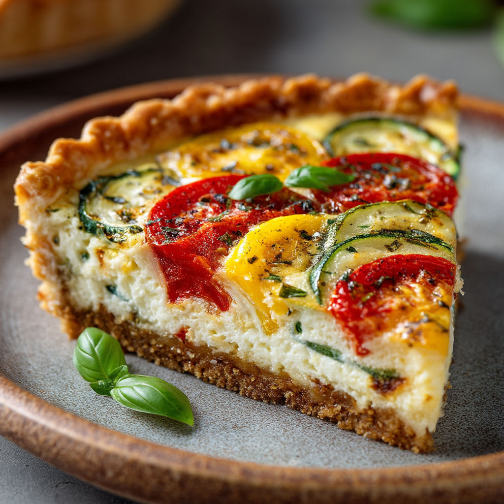 Une quiche aux tomates et courgettes sur un plateau.