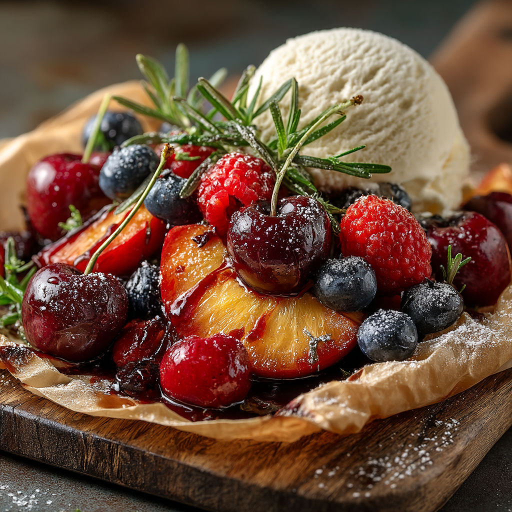 Une tasse de crème glacée sur une galette de fruits.