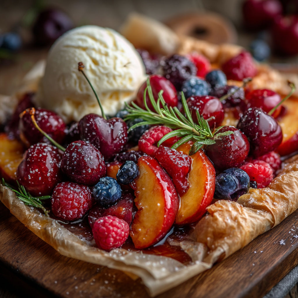Une tarte aux fruits avec une glace de yaourt sur le dessus.