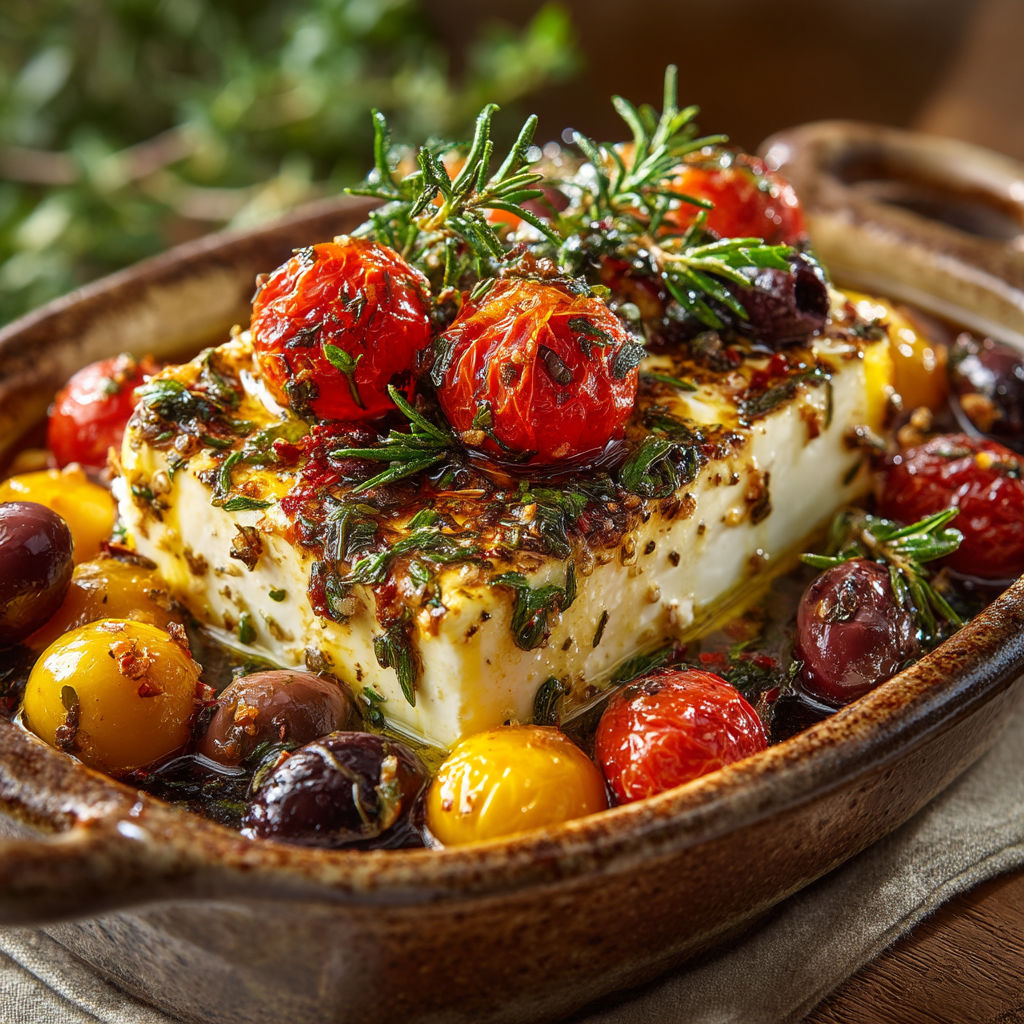 Feta grillée aux tomates et olives.