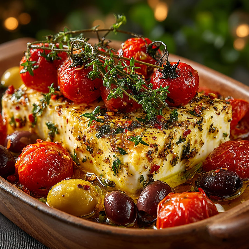 Feta grillée aux tomates et olives.