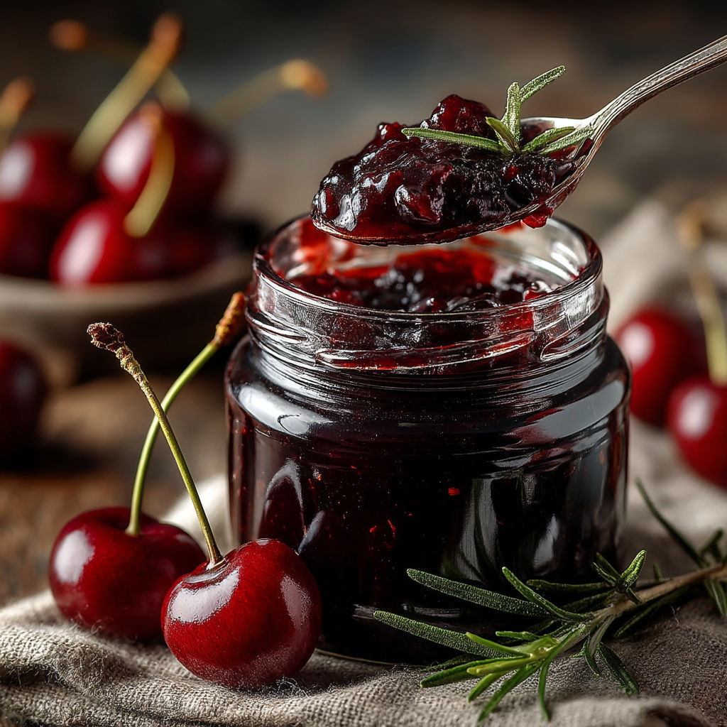 Une cuillère de confiture de cerise au romarin.