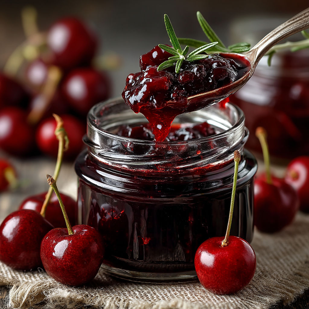 Une cuillère remplit de confiture de cerise.