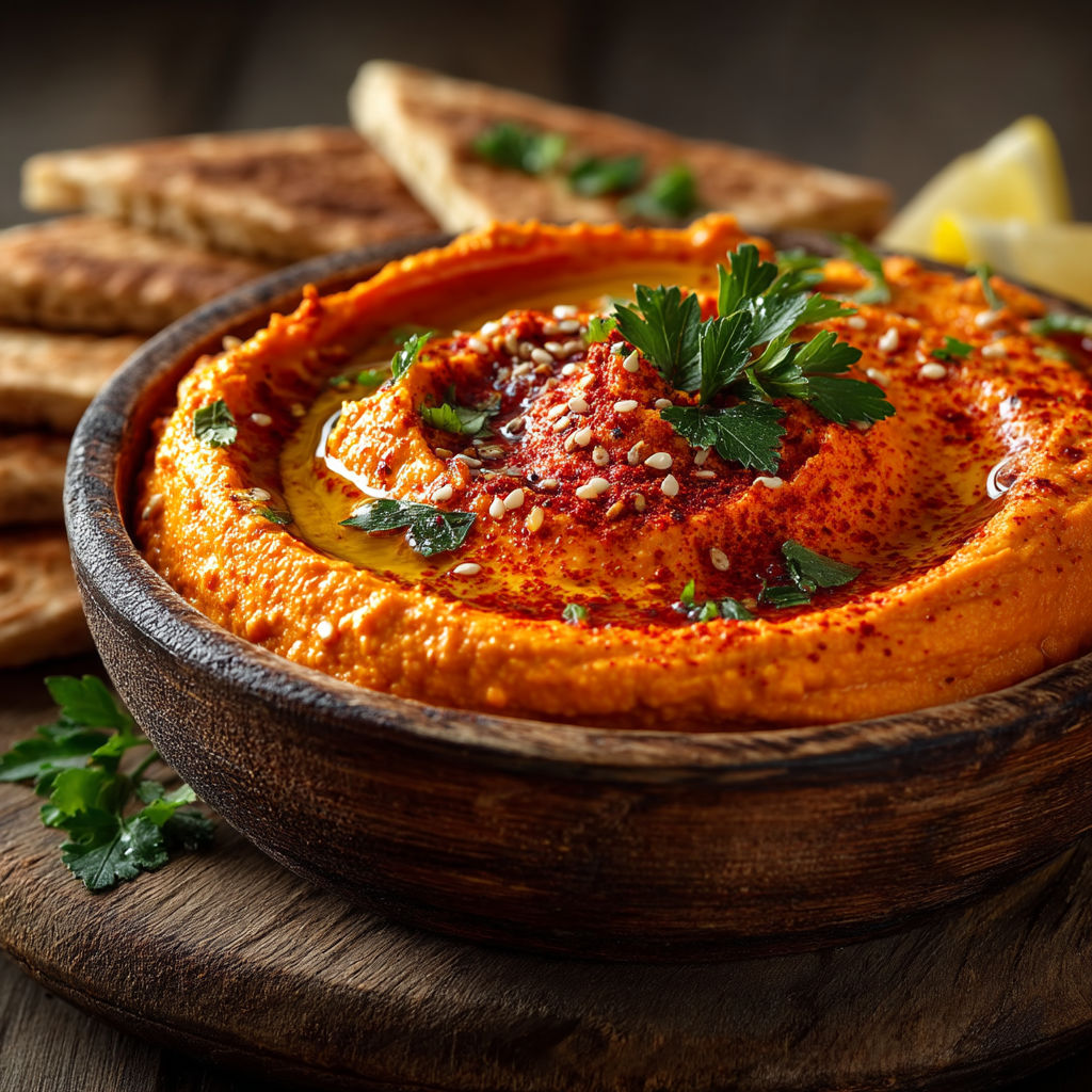 Un plat de houmous avec des herbes et des épices.