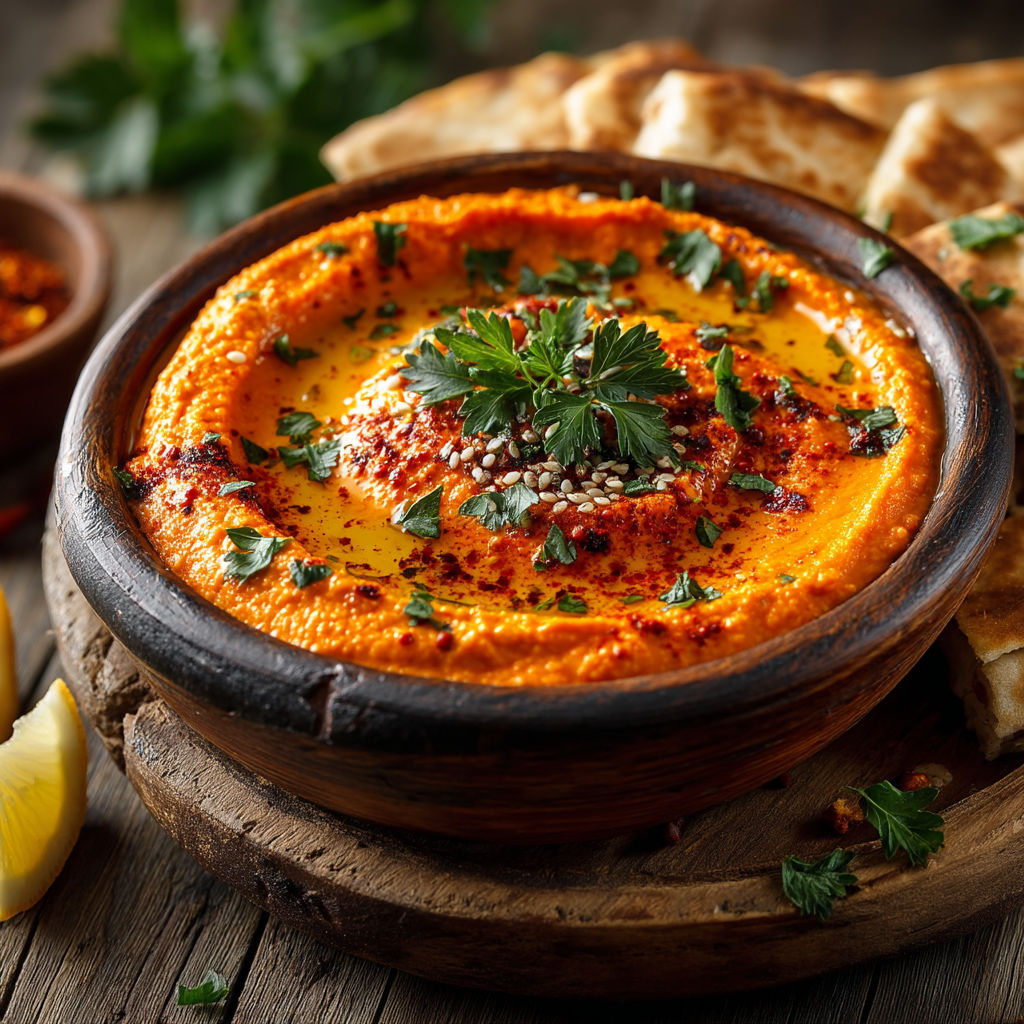 Une assiette de hummus avec des herbes et des graines.