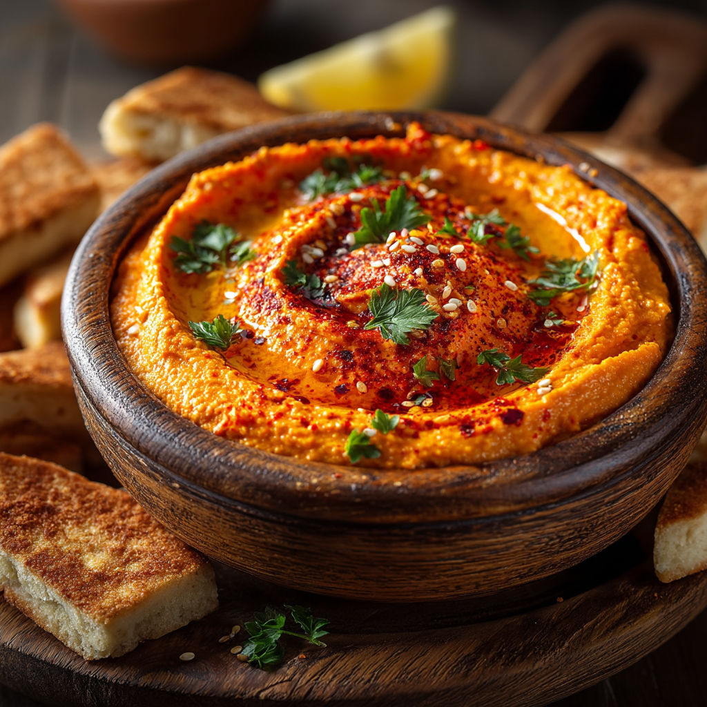 Une assiette de hummus avec des tranches de pain.