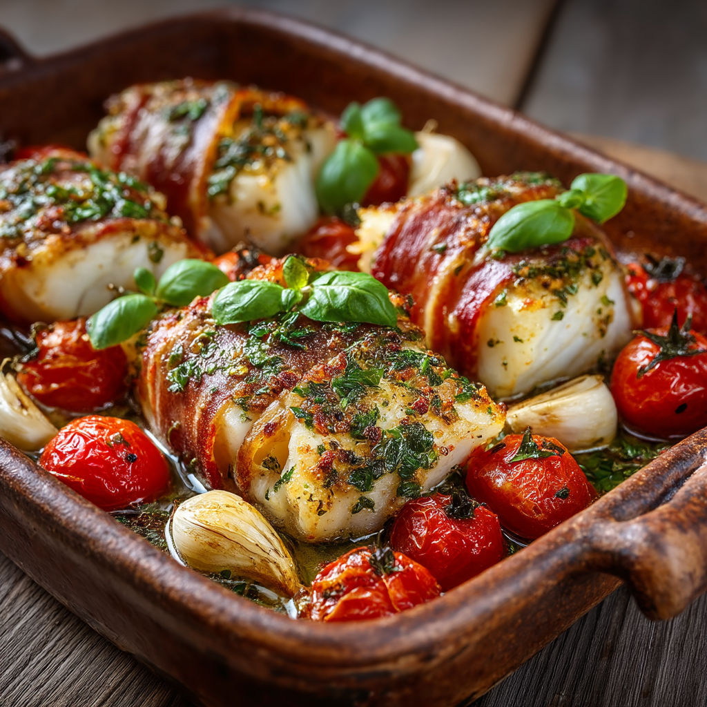 Filet de cabillaud au Prosciutto et tomates cerise.
