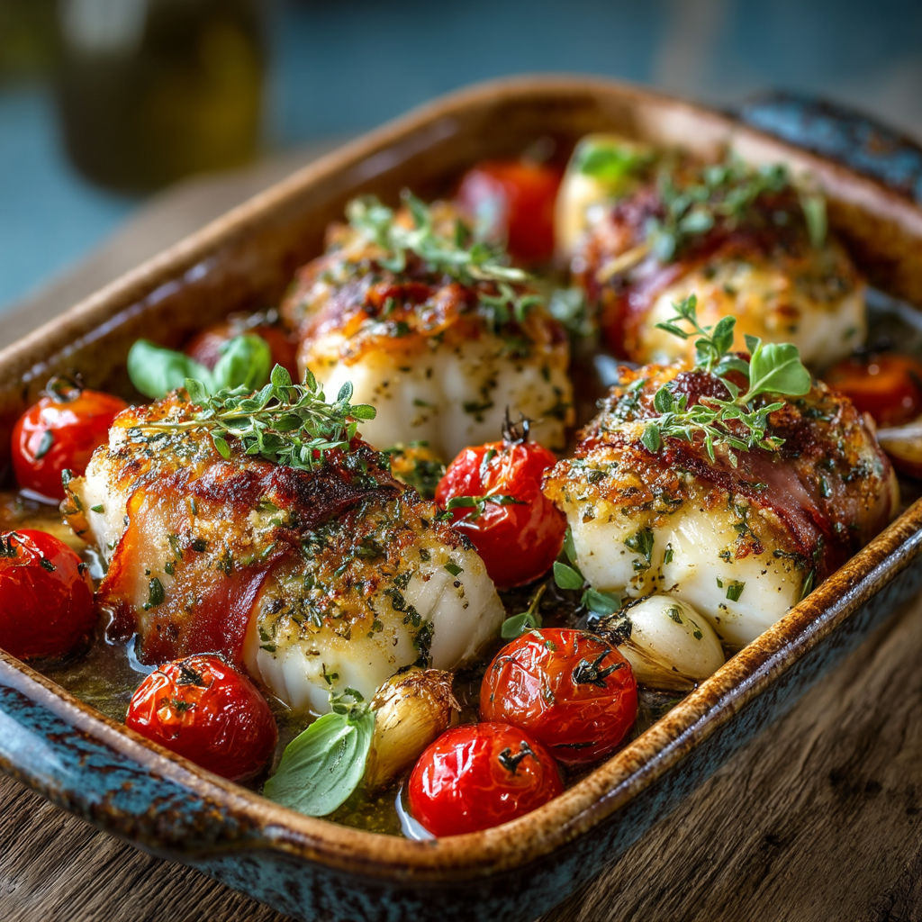 Un plat contenant des tomates, des légumes verts et des poissons grillés.