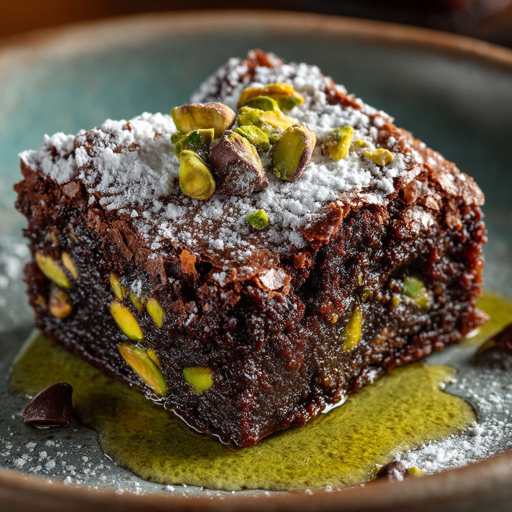 Une portion de brownie garnie d'huile d'olive et de pistaches.