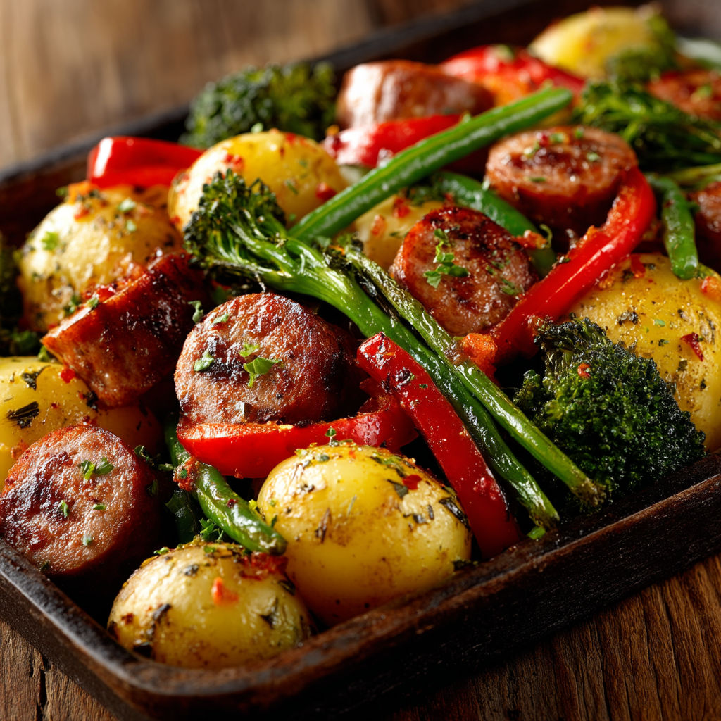 Une casserole de légumes et de saucisses.