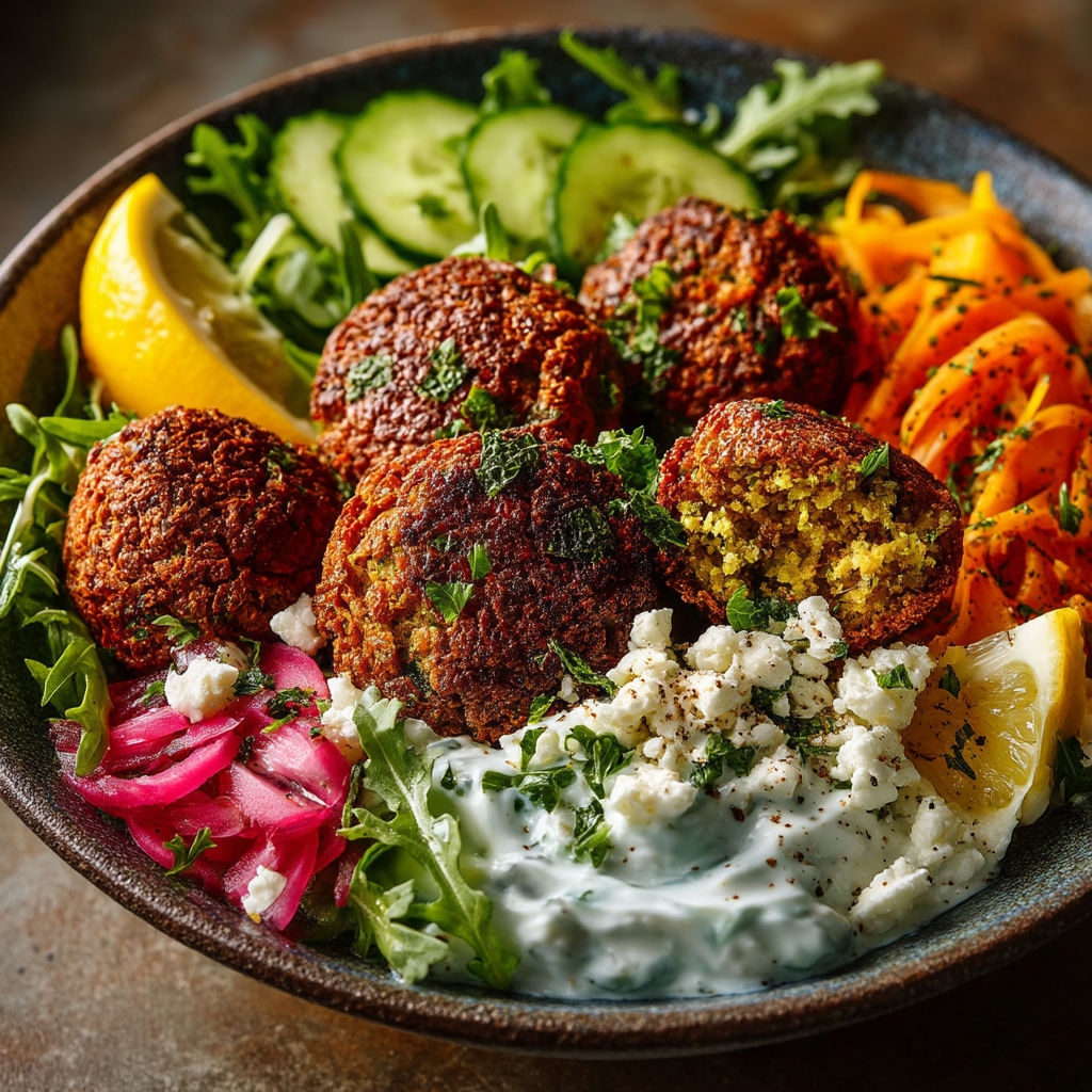 Une assiette complète de falafels et de tsatsiki.