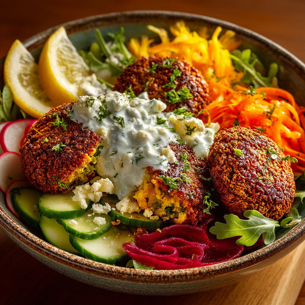 Une assiette complète de falafels et de tsatsiki.