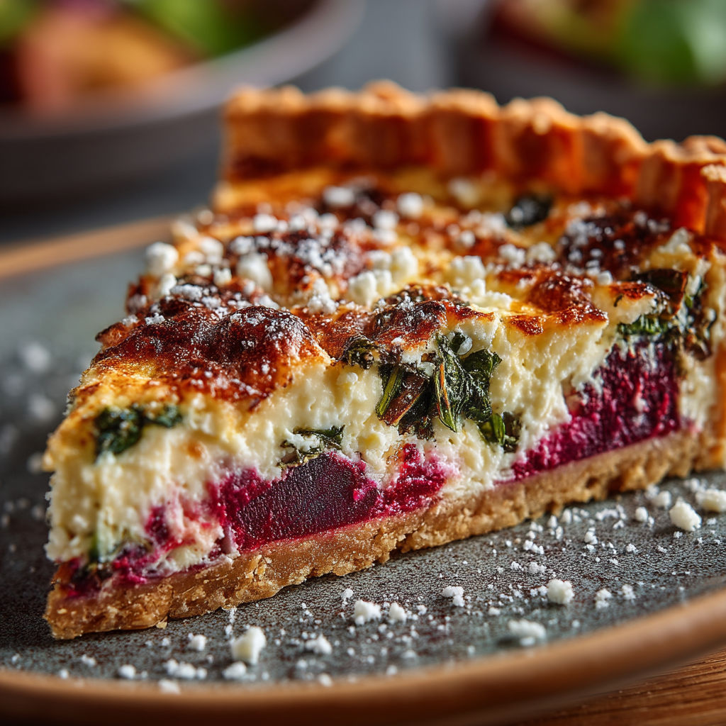 Une quiche à la betterave et au chèvre sur un plateau.