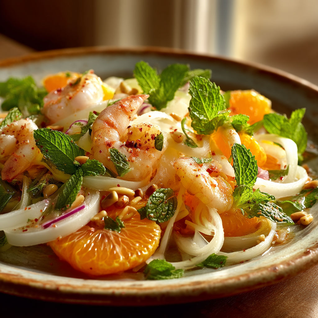 Une salade de fenouil à l'orange et aux crevettes.