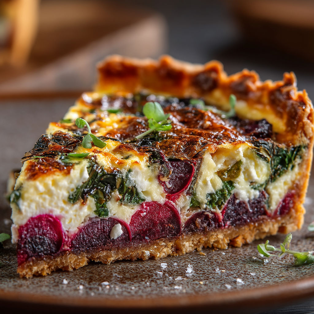 Une quiche à la betterave et au chèvre sur un plateau.