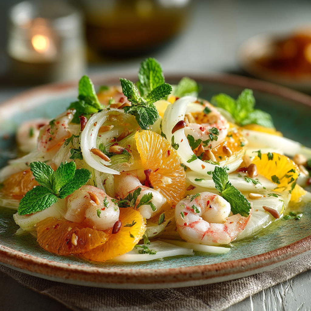 Une salade de fenouil, oranges et crevettes.